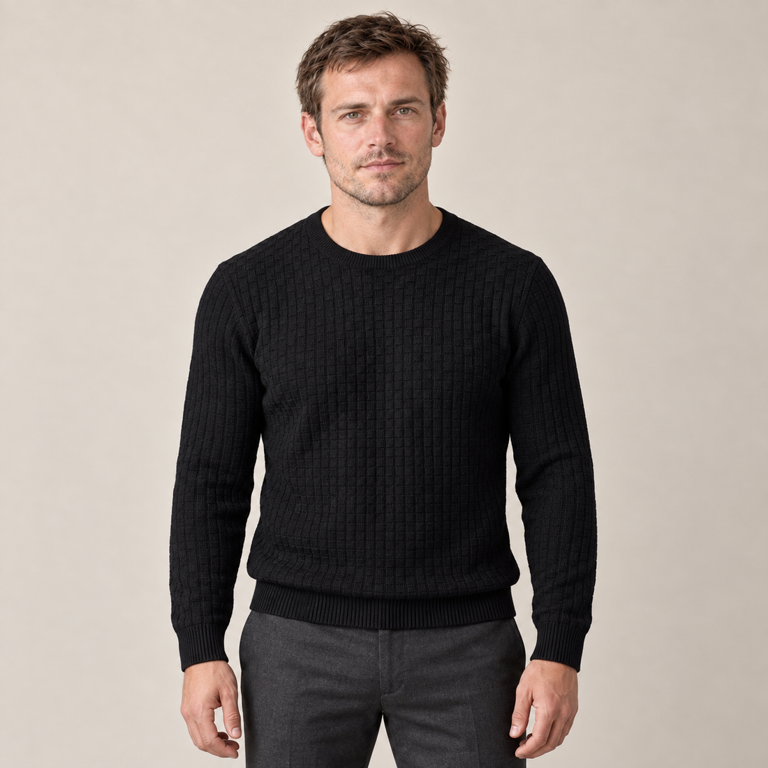 Sweter męski z okrągłym dekoltem o splocie koszykowym
