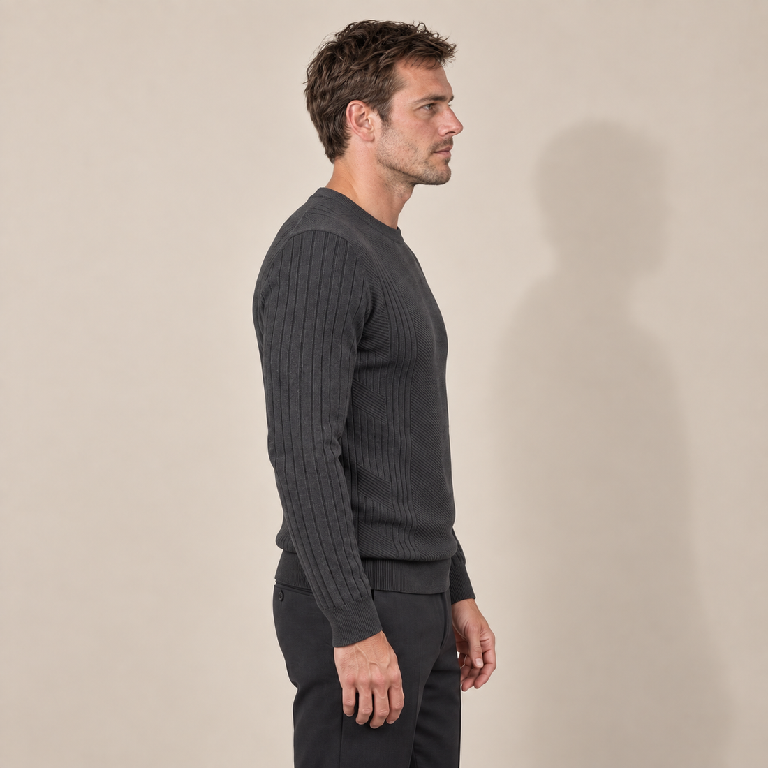 Sweter męski prążkowany w zygzak z okrągłym dekoltem