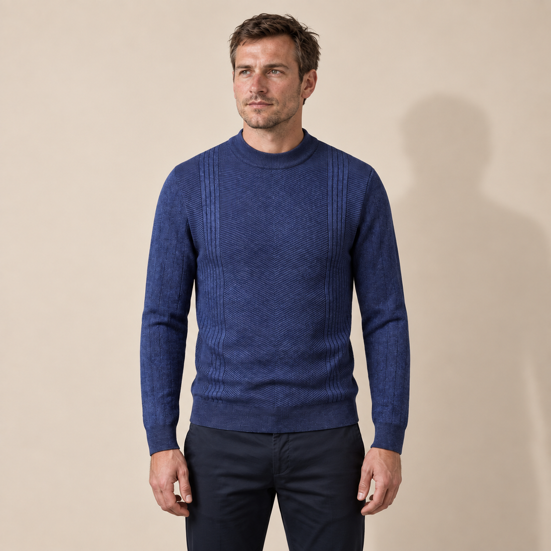 Sweter męski prążkowany w zygzak z okrągłym dekoltem