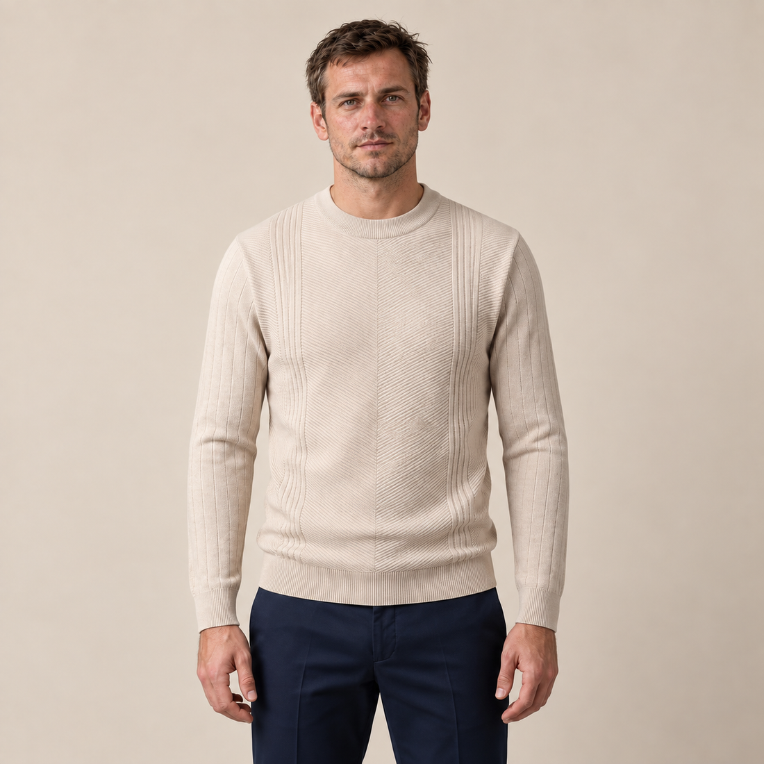 Sweter męski prążkowany w zygzak z okrągłym dekoltem