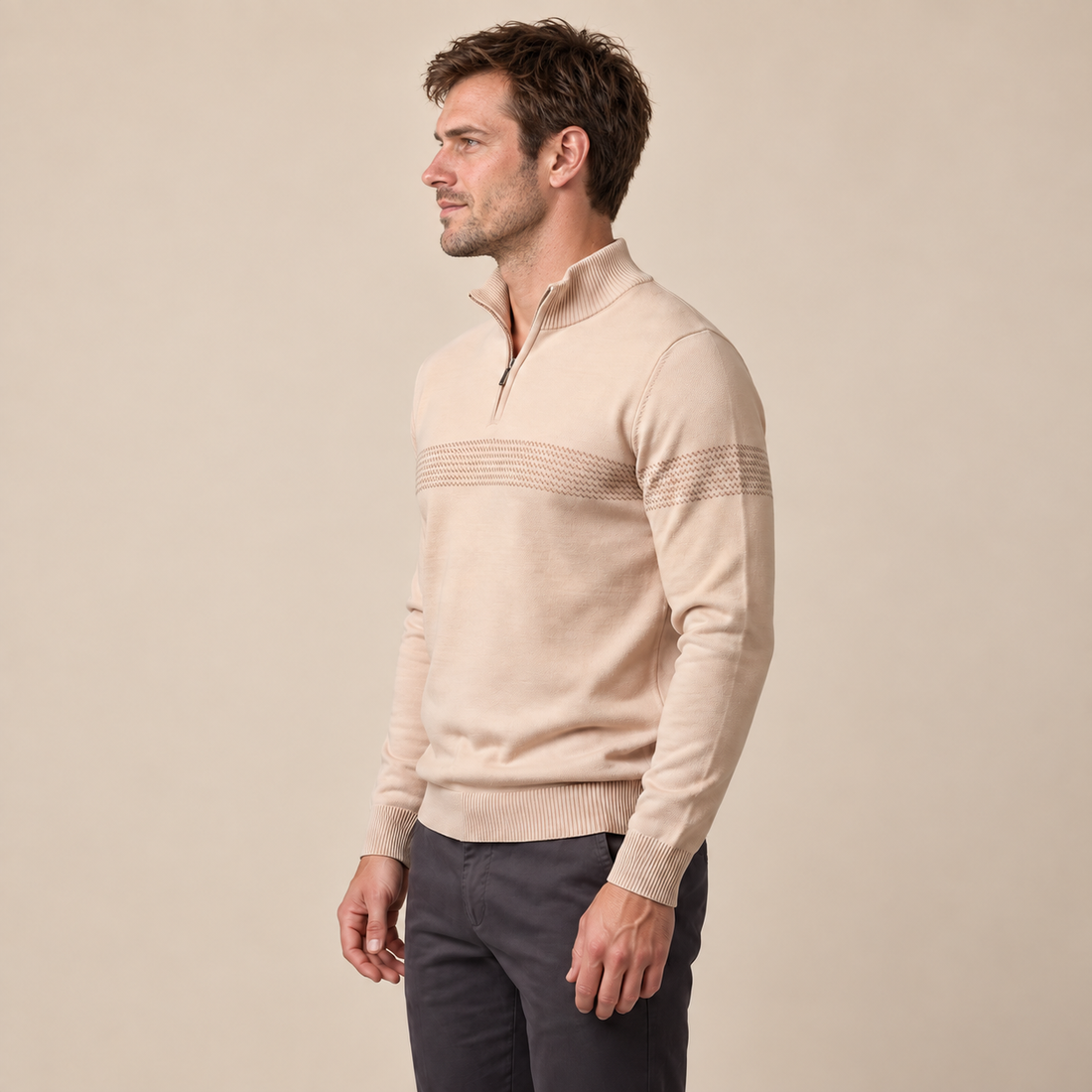 Sweter męski w zygzakowate paski z krótkim zamkiem