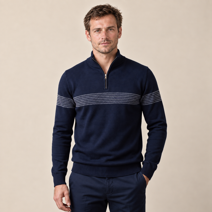 Sweter męski w zygzakowate paski z krótkim zamkiem