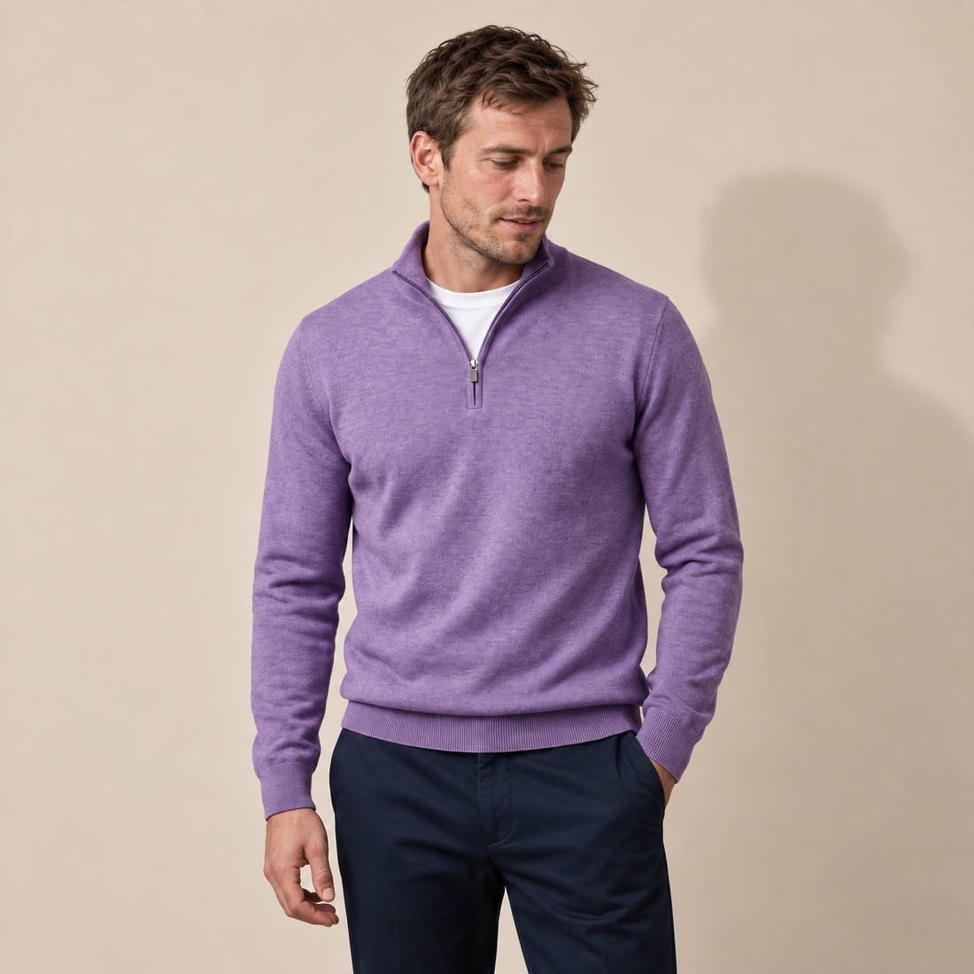 Sweter męski z dzianiny z krótkim zamkiem