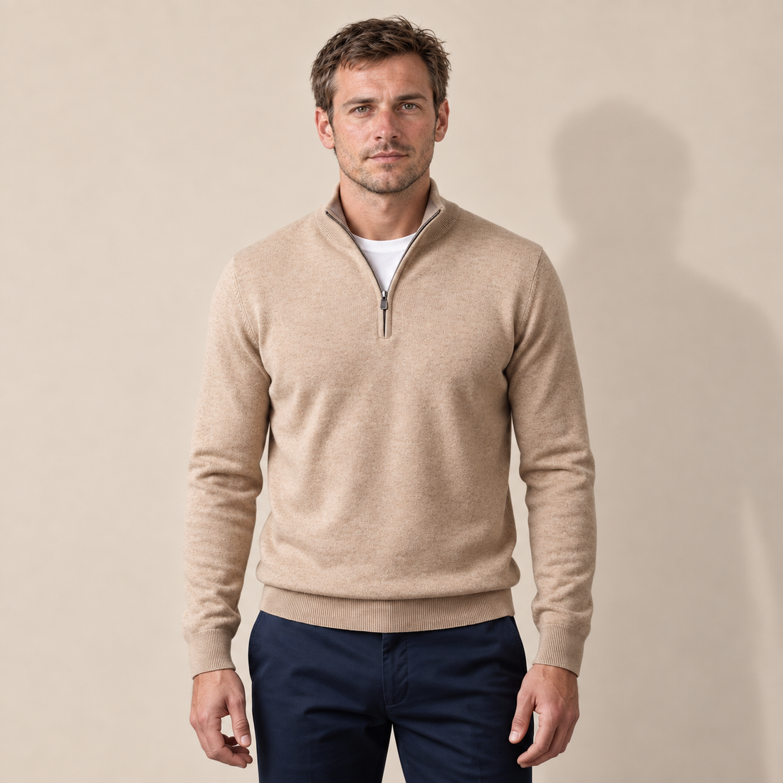 Sweter męski z dzianiny z krótkim zamkiem