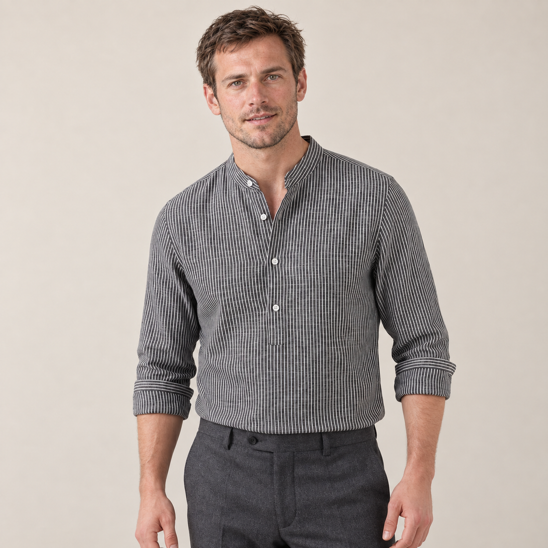 Koszulka henley męska w paski z długim rękawem