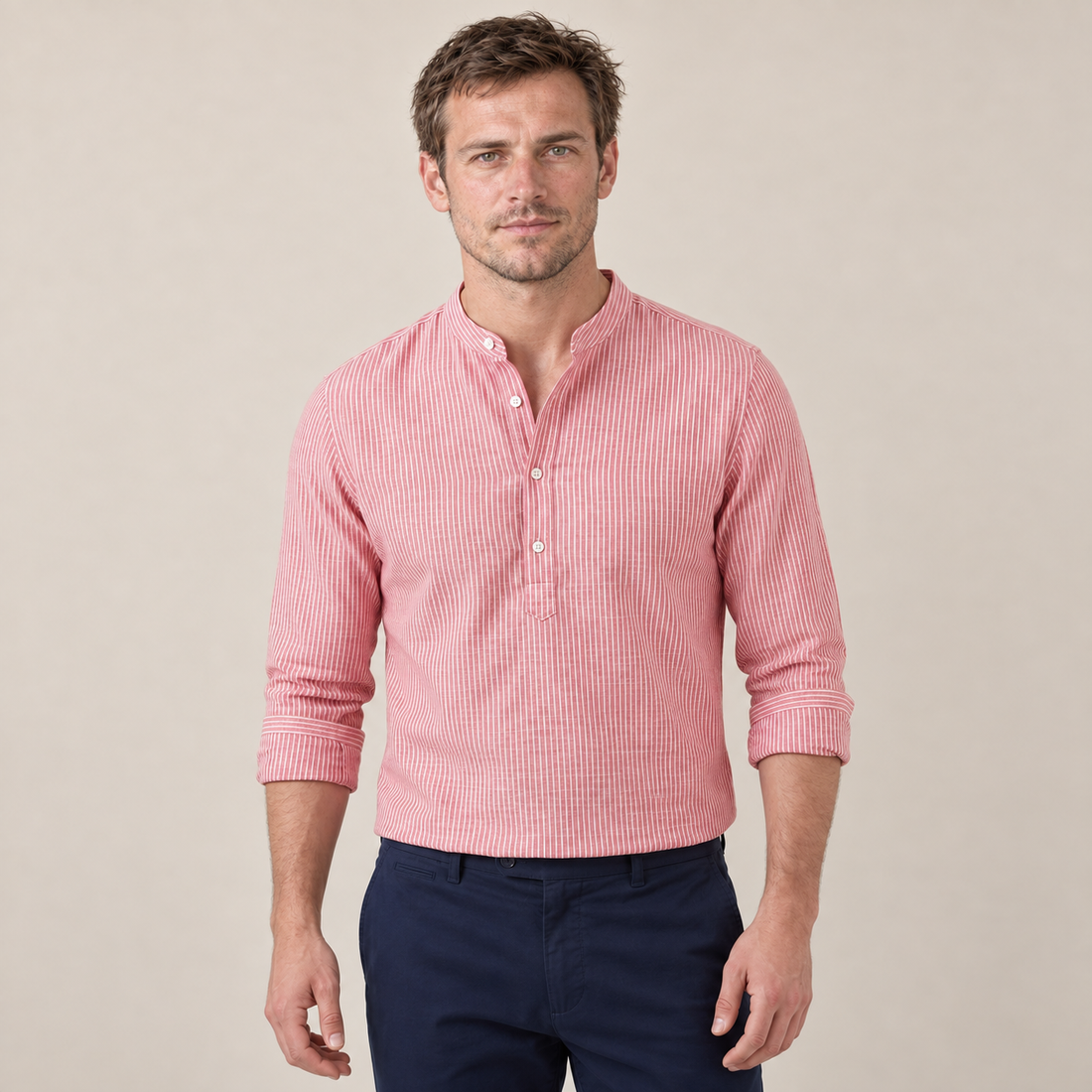 Koszulka henley męska w paski z długim rękawem