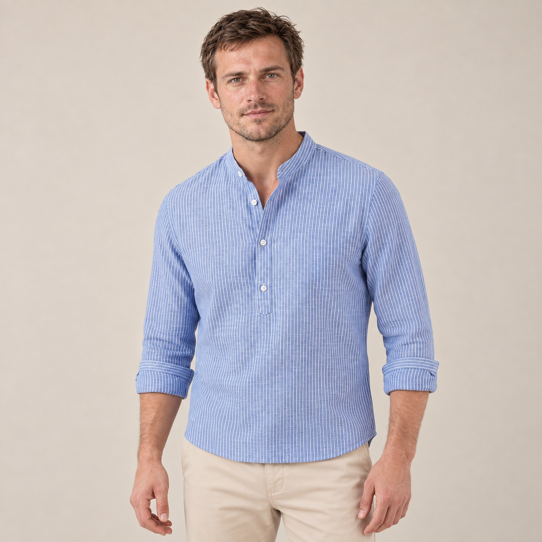 Koszulka henley męska w paski z długim rękawem
