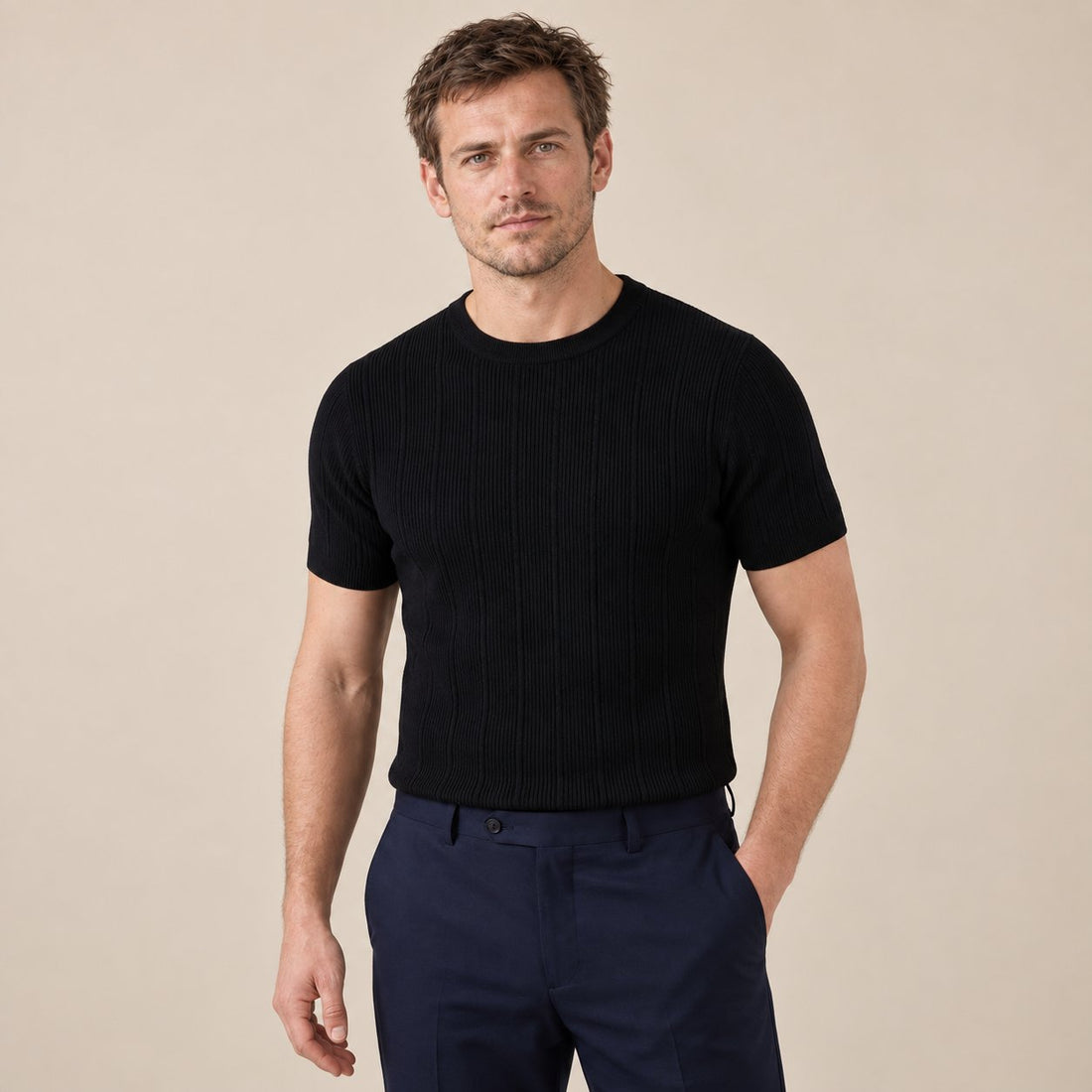 T-shirt męski z prążkowanej dzianiny