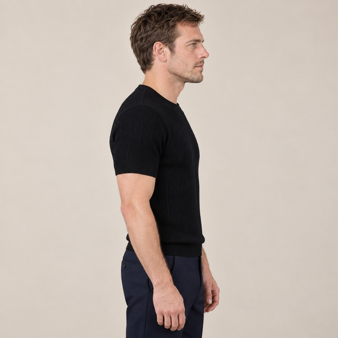 T-shirt męski z prążkowanej dzianiny