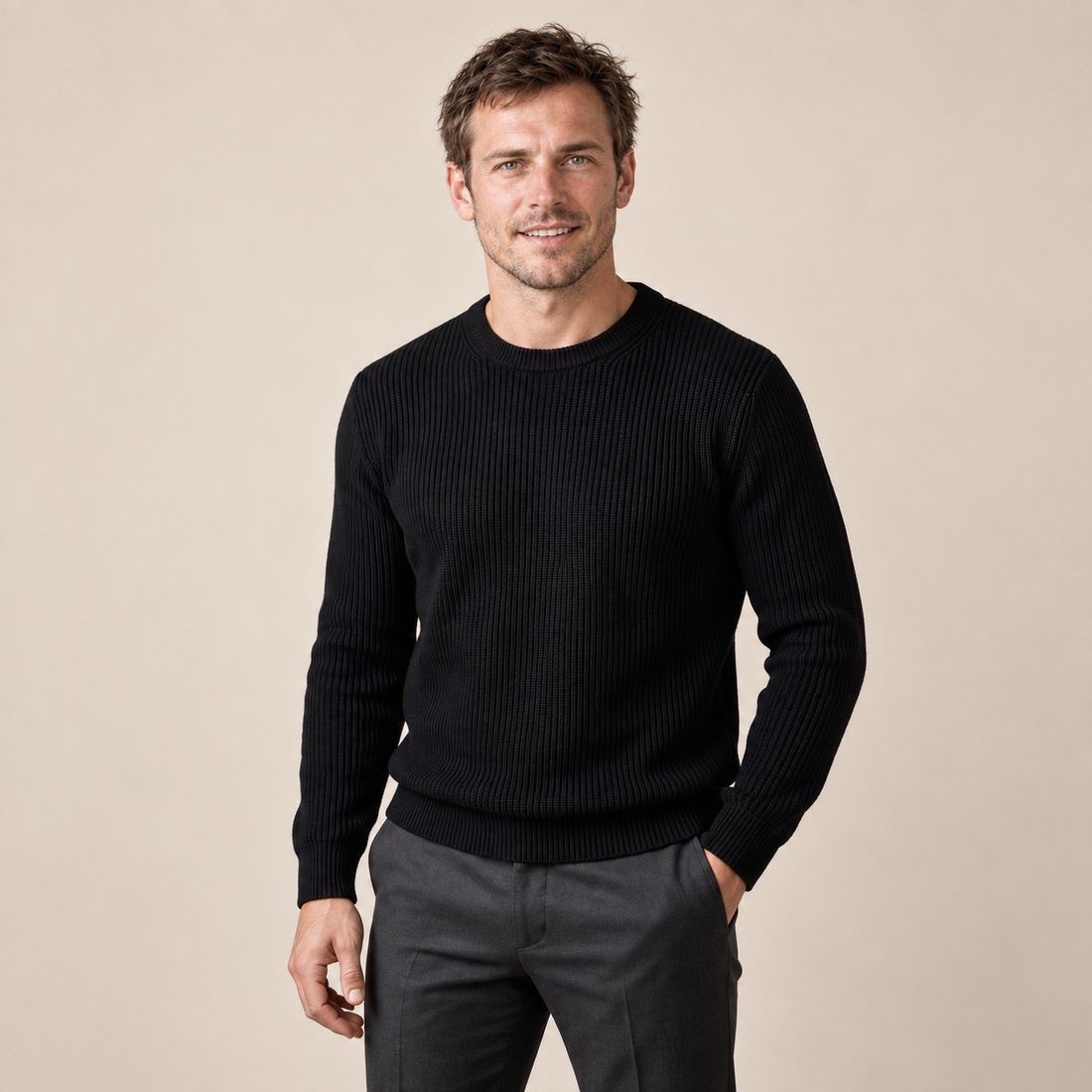 Sweter męski bawełniany prążkowany z okrągłym dekoltem