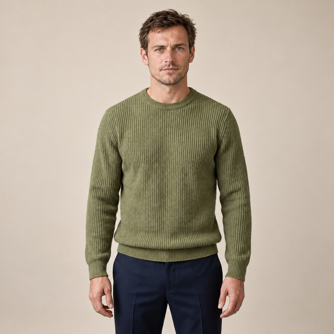 Sweter męski bawełniany prążkowany z okrągłym dekoltem