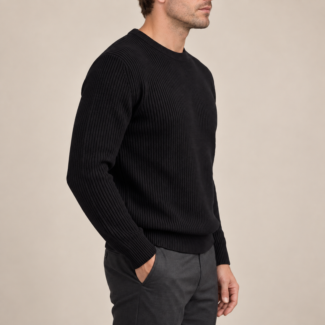 Sweter męski bawełniany prążkowany z okrągłym dekoltem