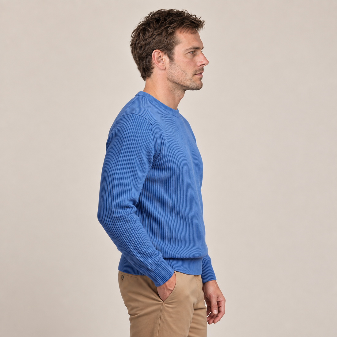 Sweter męski bawełniany prążkowany z okrągłym dekoltem