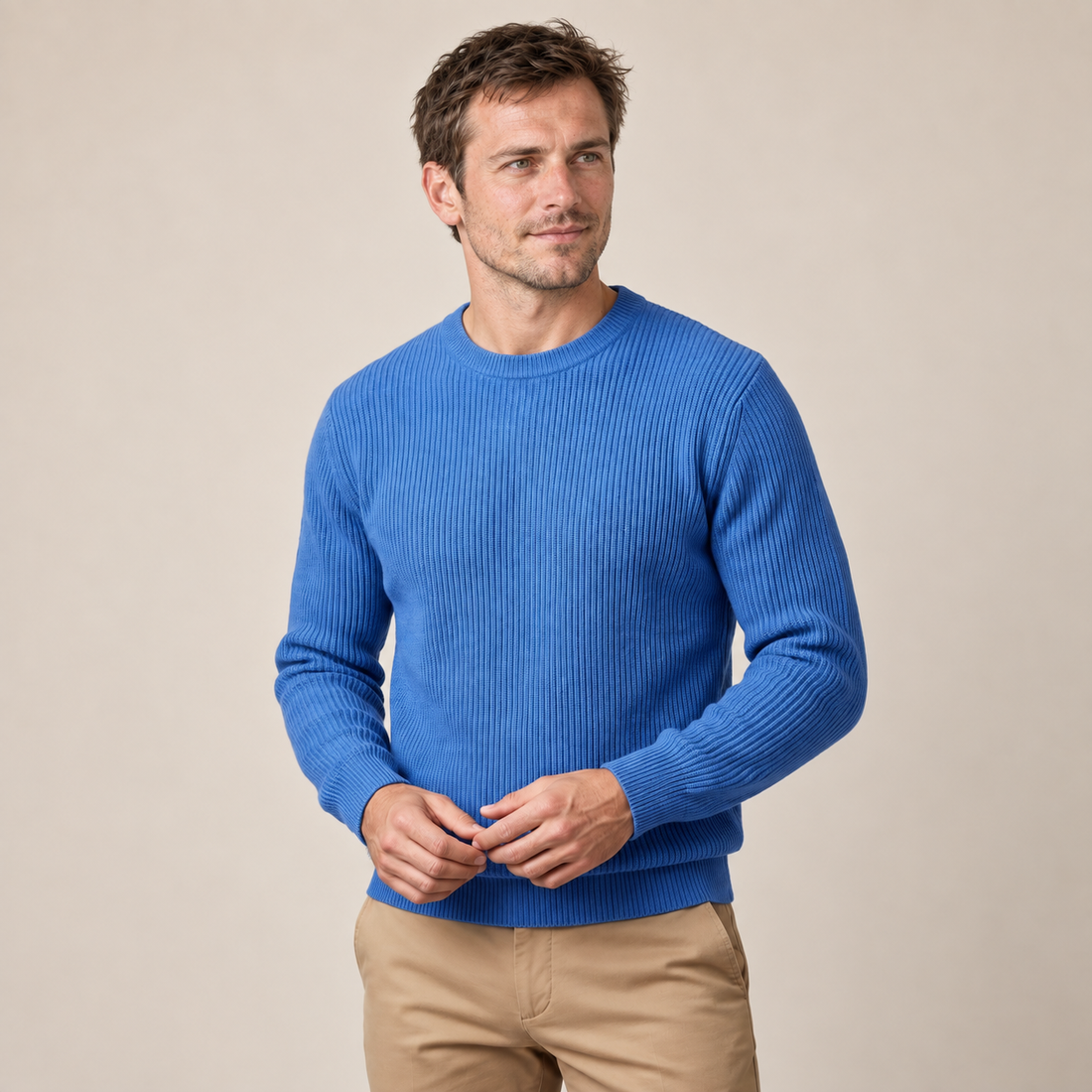 Sweter męski bawełniany prążkowany z okrągłym dekoltem