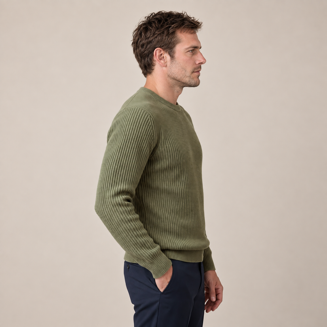 Sweter męski bawełniany prążkowany z okrągłym dekoltem