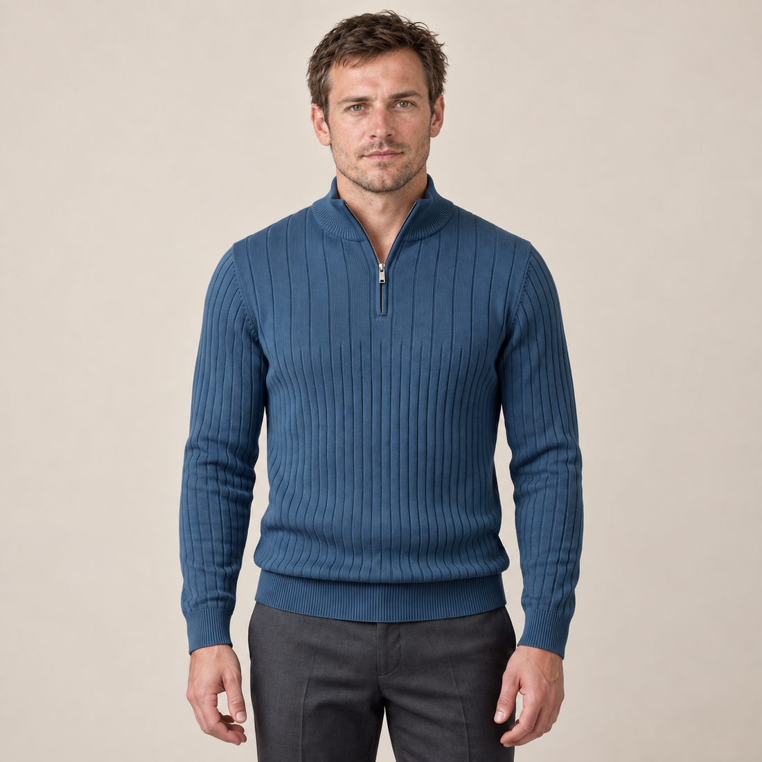 Sweter męski bawełniany prążkowany z krótkim zamkiem