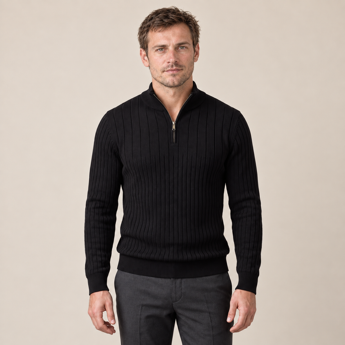 Sweter męski bawełniany prążkowany z krótkim zamkiem