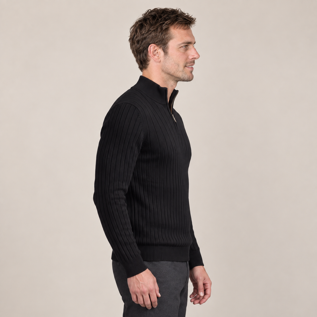 Sweter męski bawełniany prążkowany z krótkim zamkiem