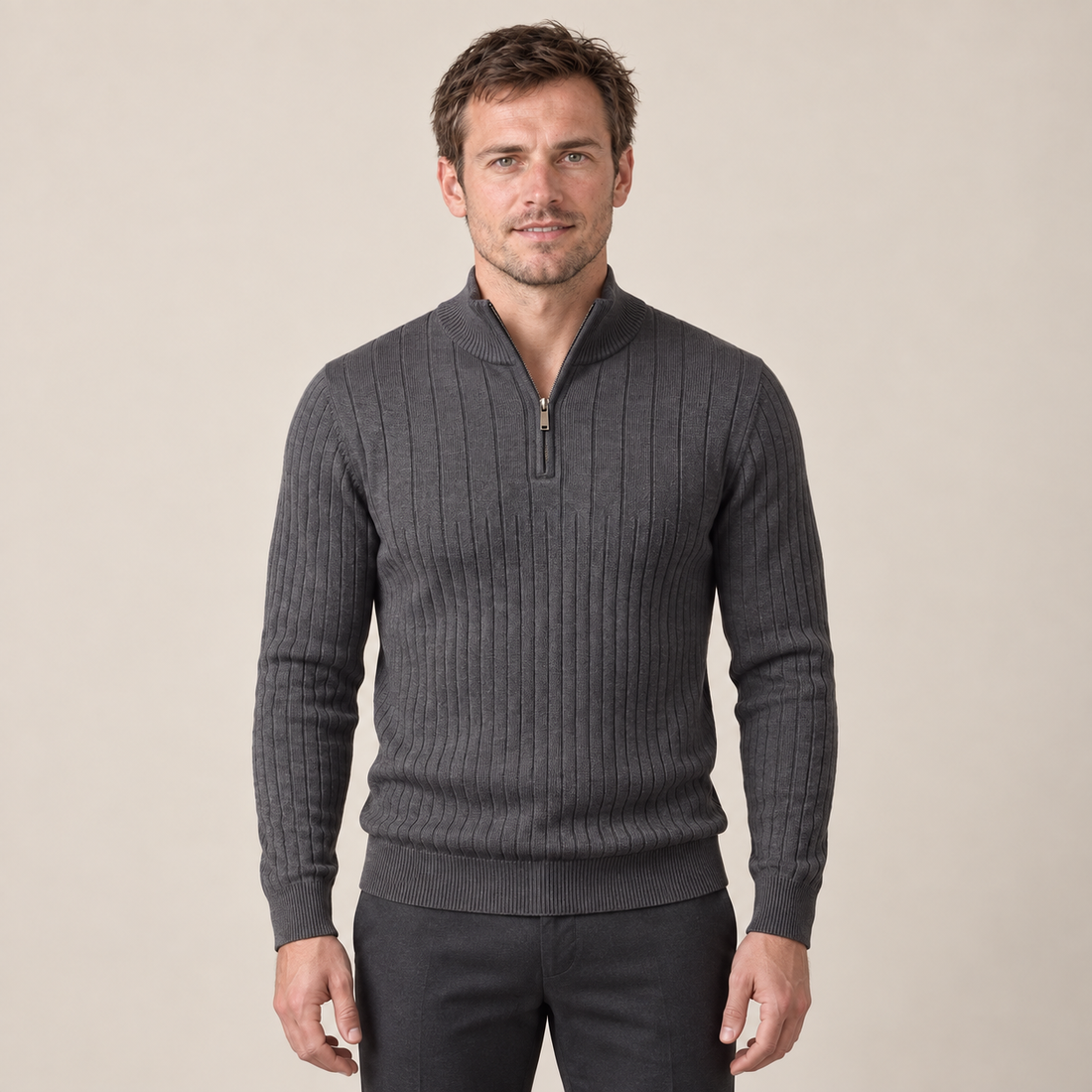 Sweter męski bawełniany prążkowany z krótkim zamkiem