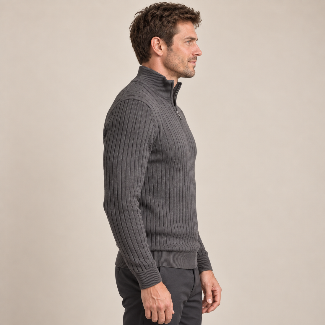 Sweter męski bawełniany prążkowany z krótkim zamkiem