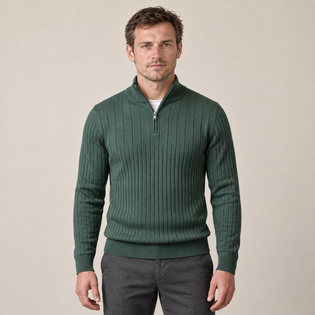 Sweter męski bawełniany prążkowany z krótkim zamkiem