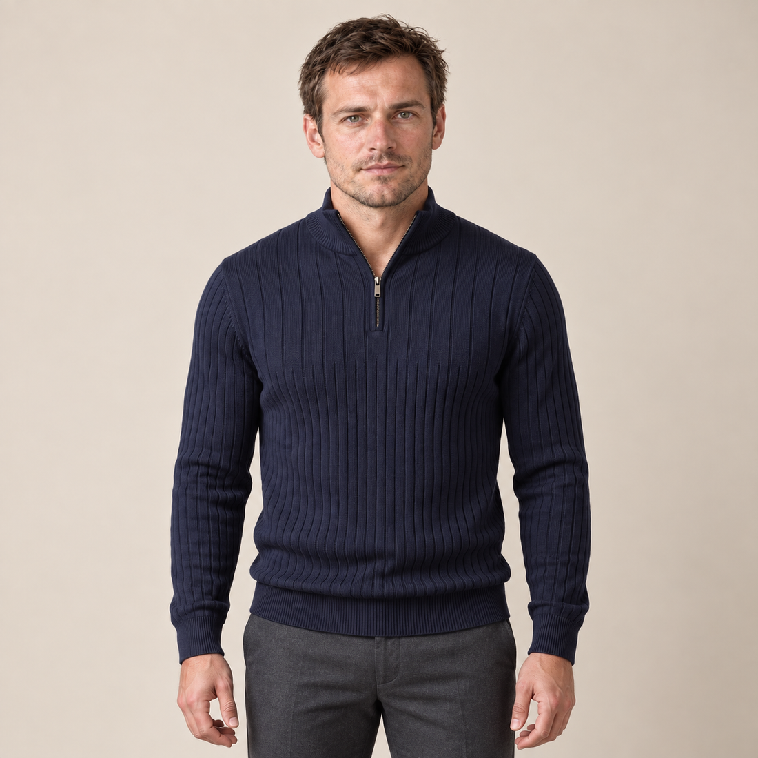 Sweter męski bawełniany prążkowany z krótkim zamkiem