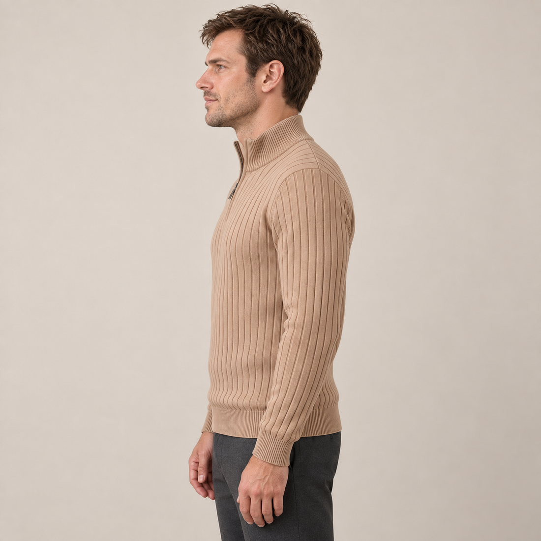 Sweter męski bawełniany prążkowany z krótkim zamkiem