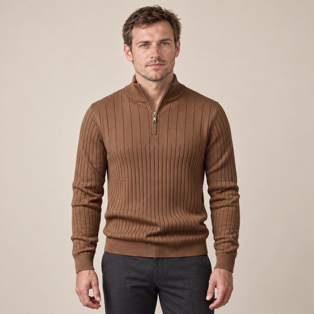 Sweter męski bawełniany prążkowany z krótkim zamkiem
