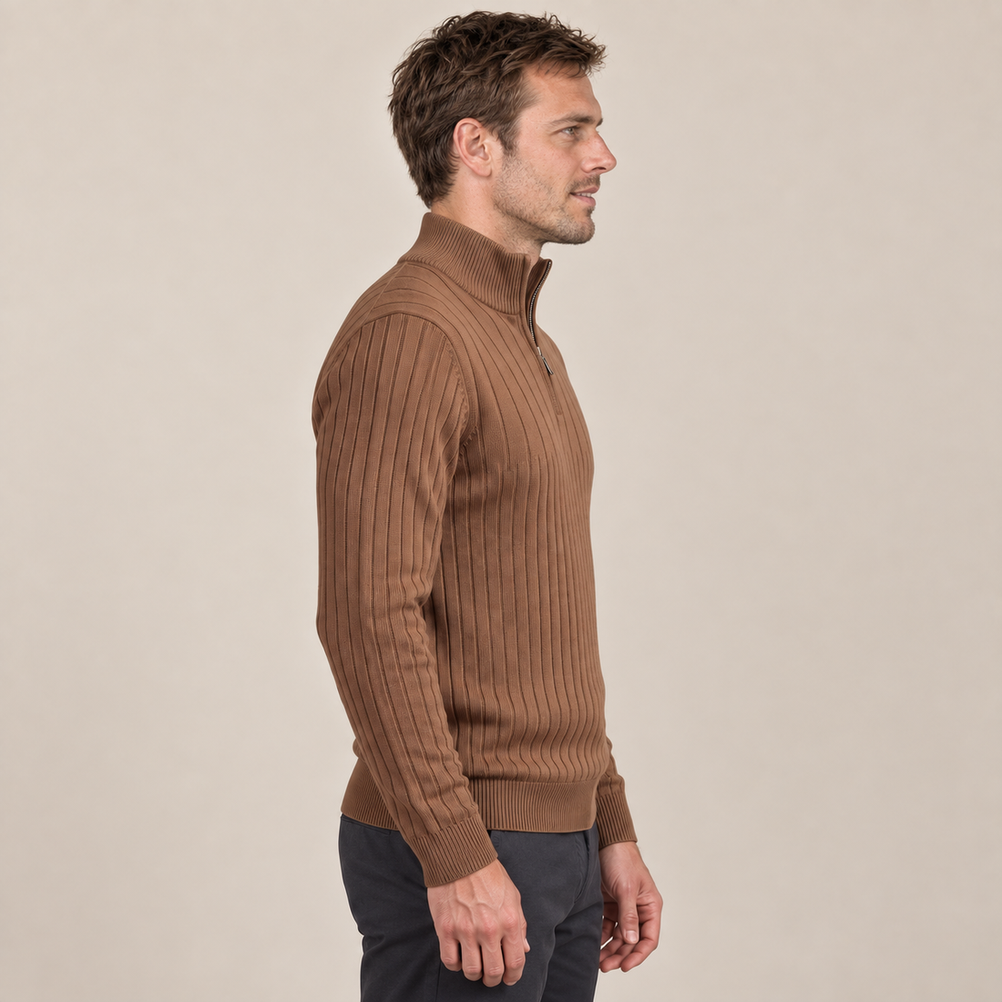 Sweter męski bawełniany prążkowany z krótkim zamkiem