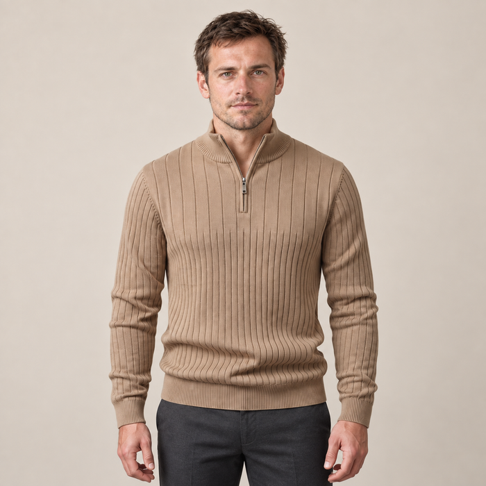Sweter męski bawełniany prążkowany z krótkim zamkiem