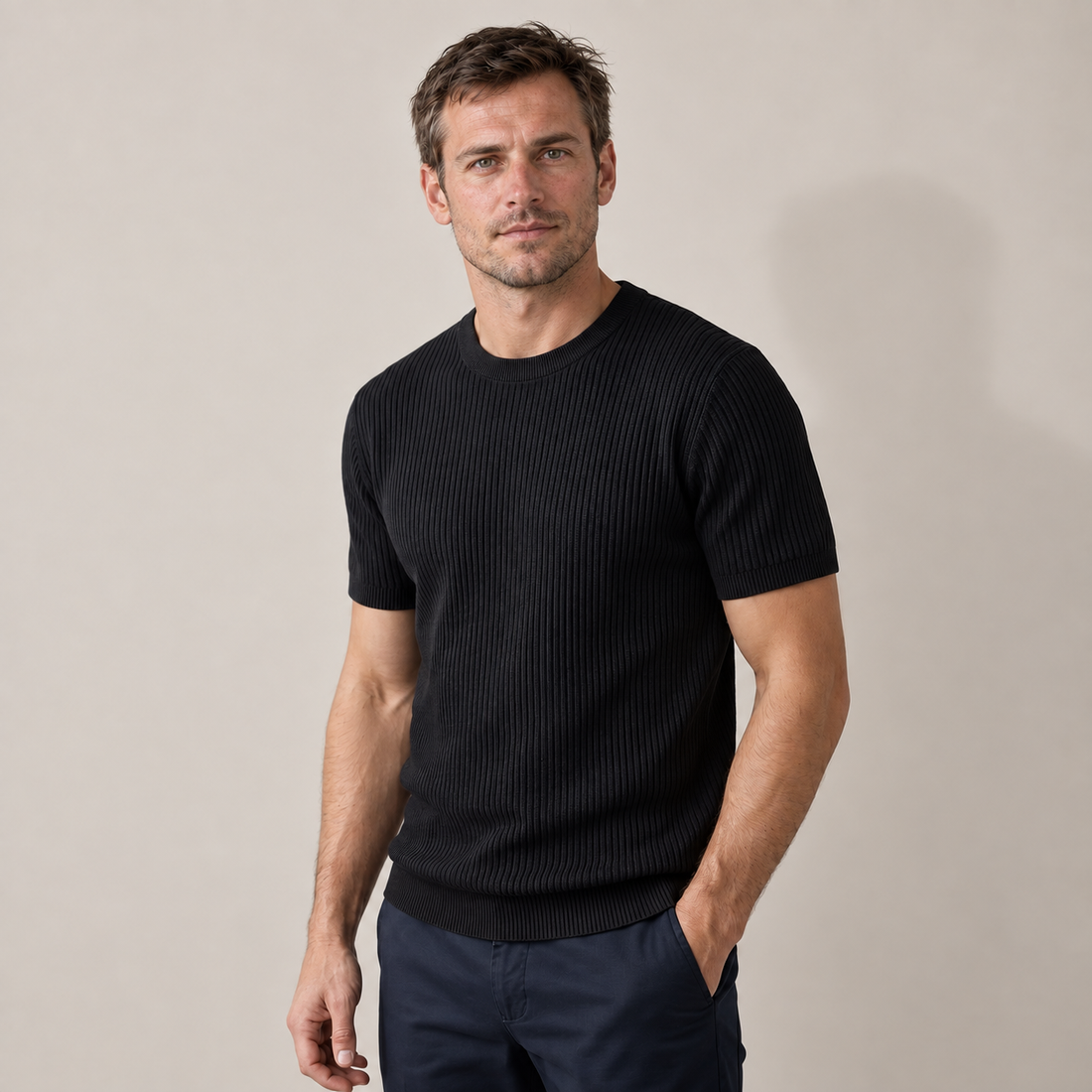 T-shirt męski prążkowany z okrągłym dekoltem