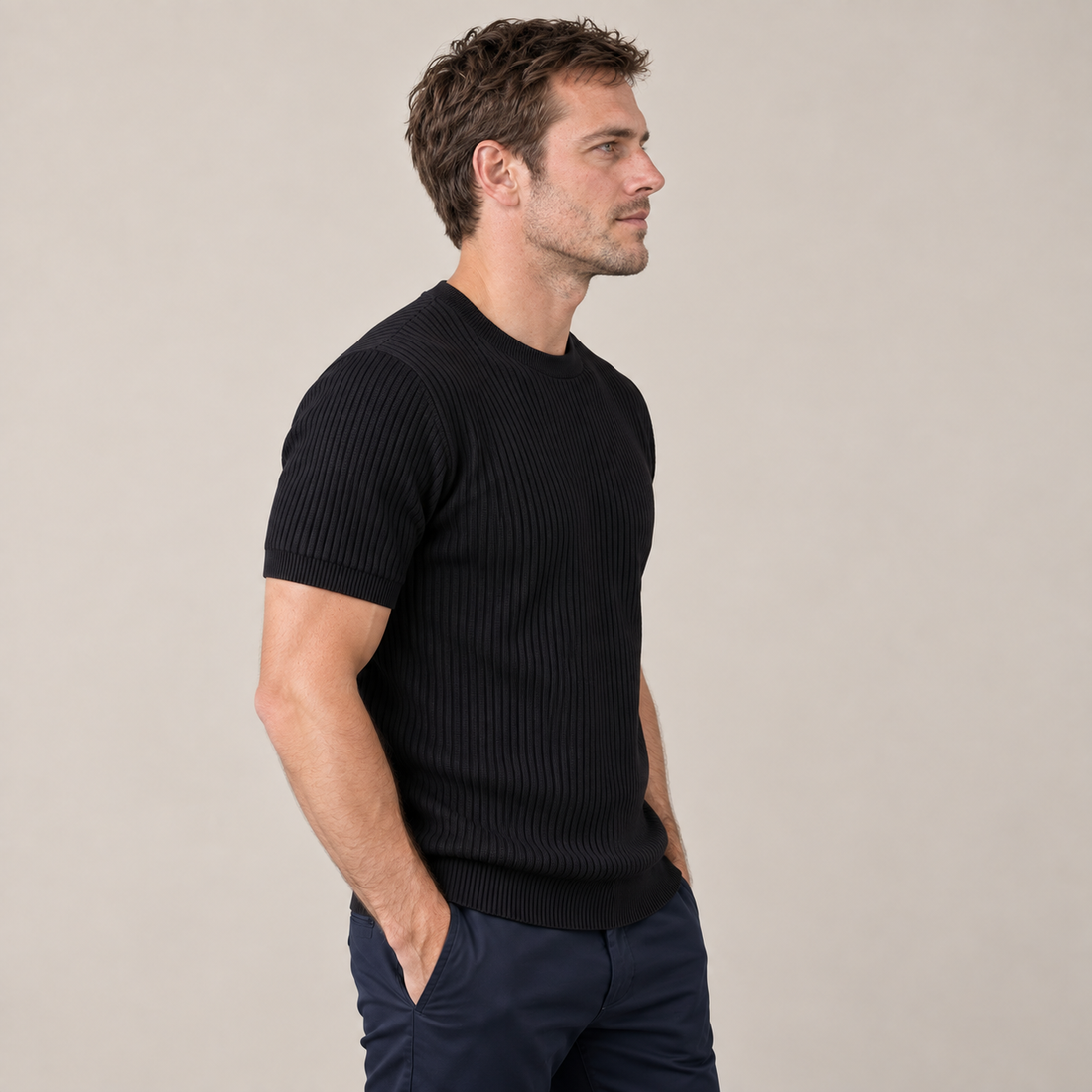 T-shirt męski prążkowany z okrągłym dekoltem