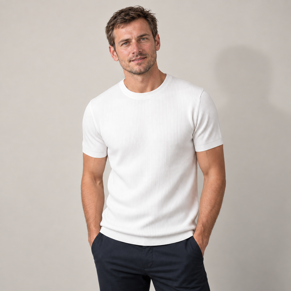 T-shirt męski prążkowany z okrągłym dekoltem