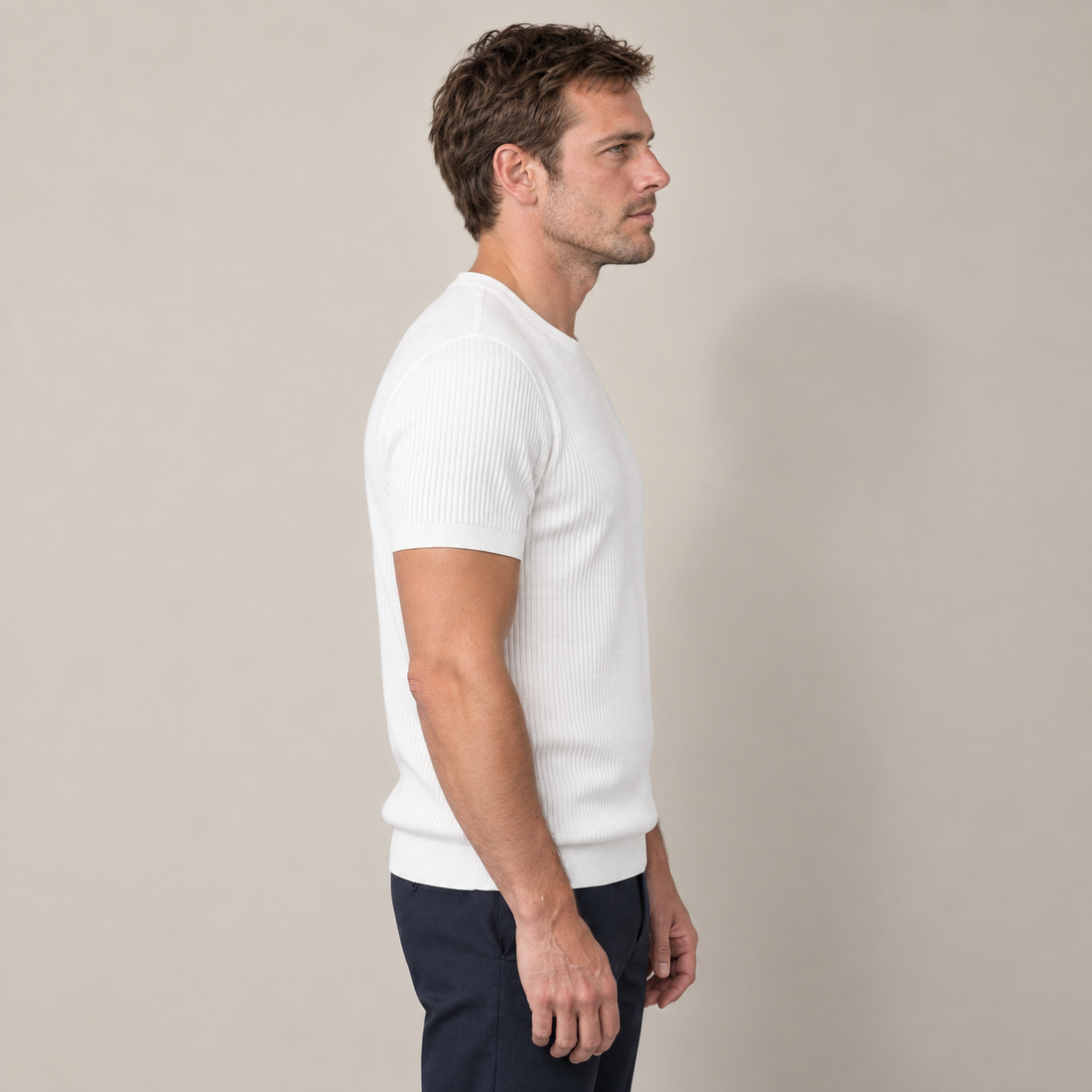 T-shirt męski prążkowany z okrągłym dekoltem