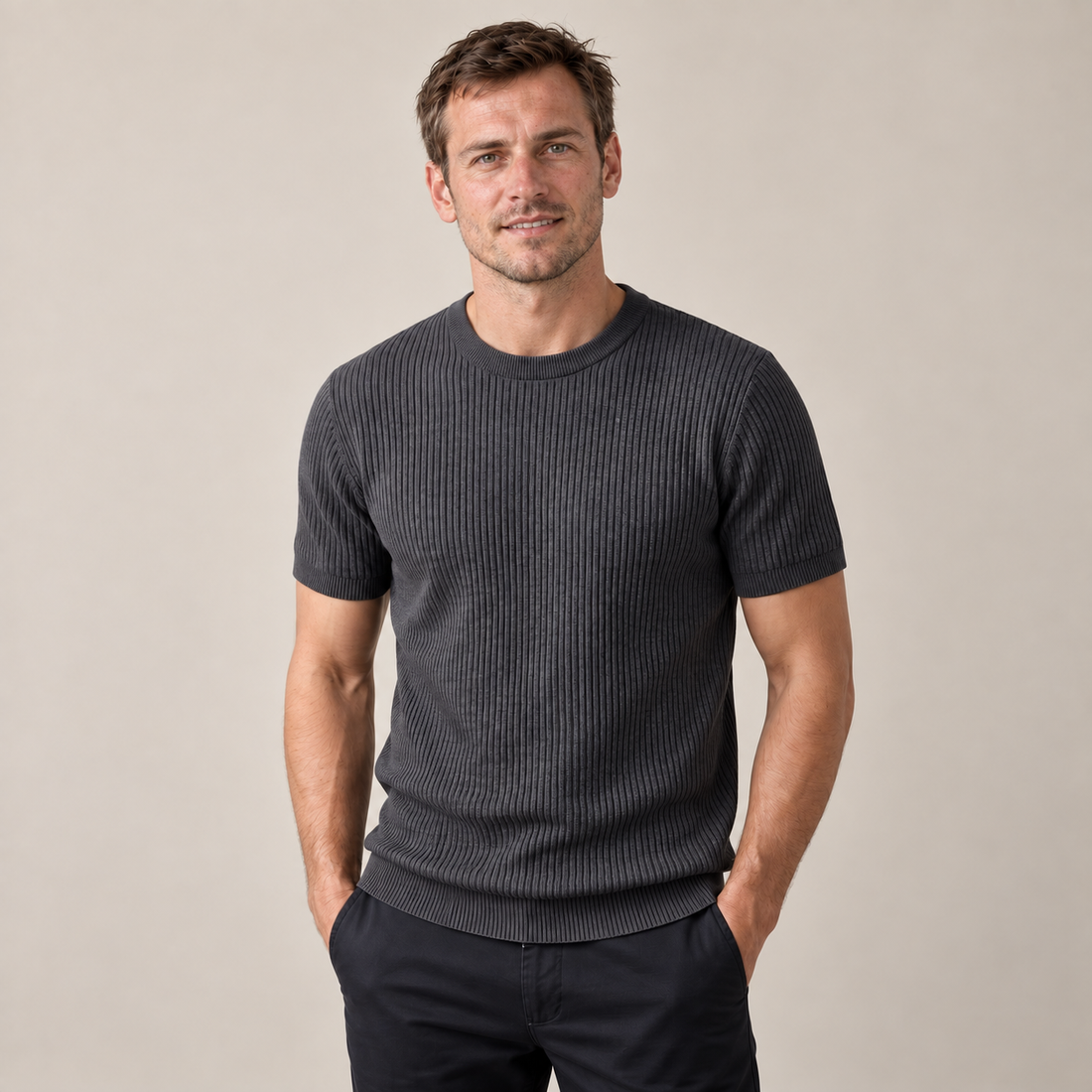 T-shirt męski prążkowany z okrągłym dekoltem