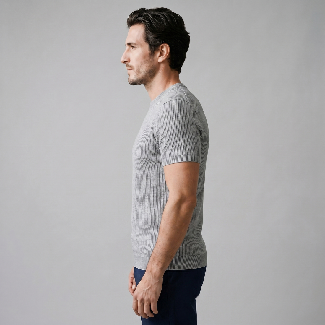 T-shirt męski prążkowany z okrągłym dekoltem