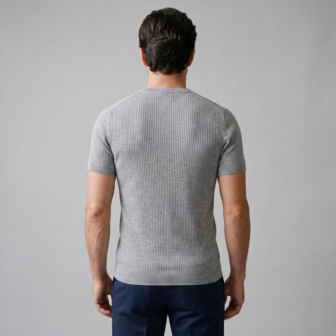 T-shirt męski prążkowany z okrągłym dekoltem