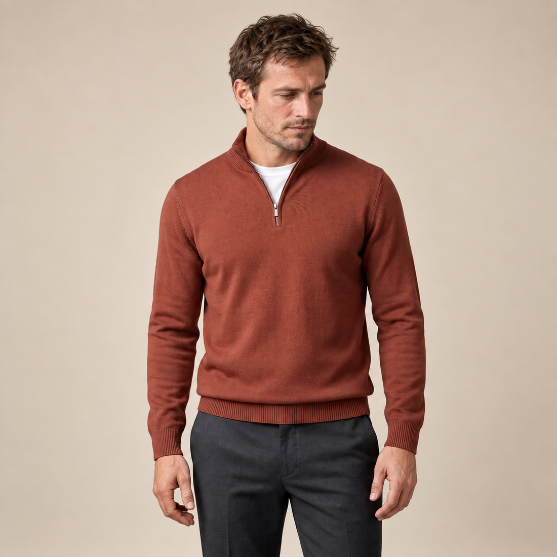 Sweter męski slim fit z krótkim zamkiem