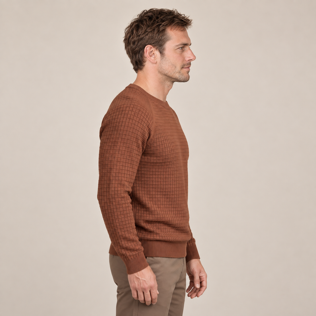 Sweter męski o splocie waflowym z okrągłym dekoltem