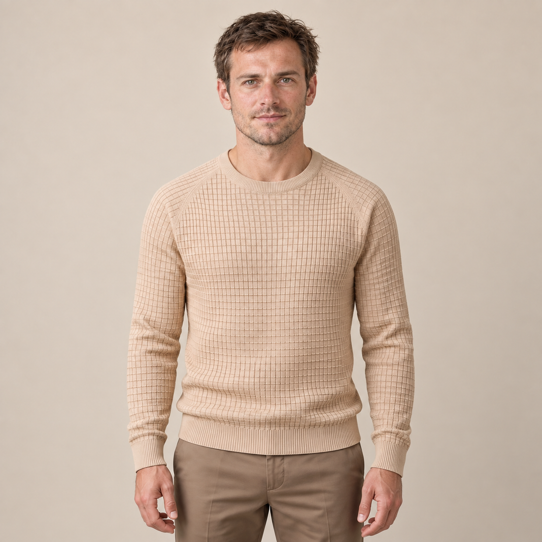 Sweter męski o splocie waflowym z okrągłym dekoltem