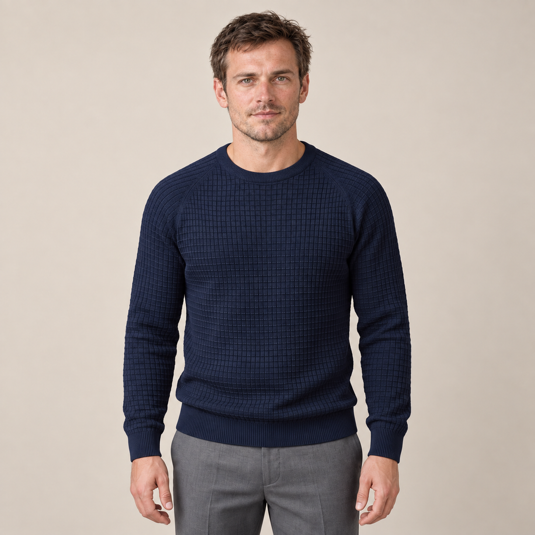 Sweter męski o splocie waflowym z okrągłym dekoltem