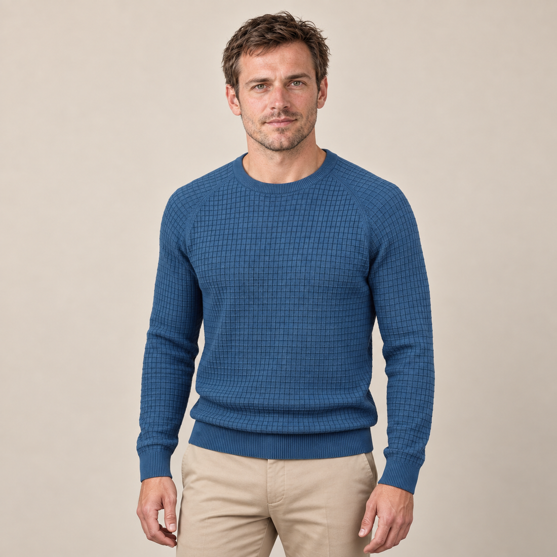 Sweter męski o splocie waflowym z okrągłym dekoltem