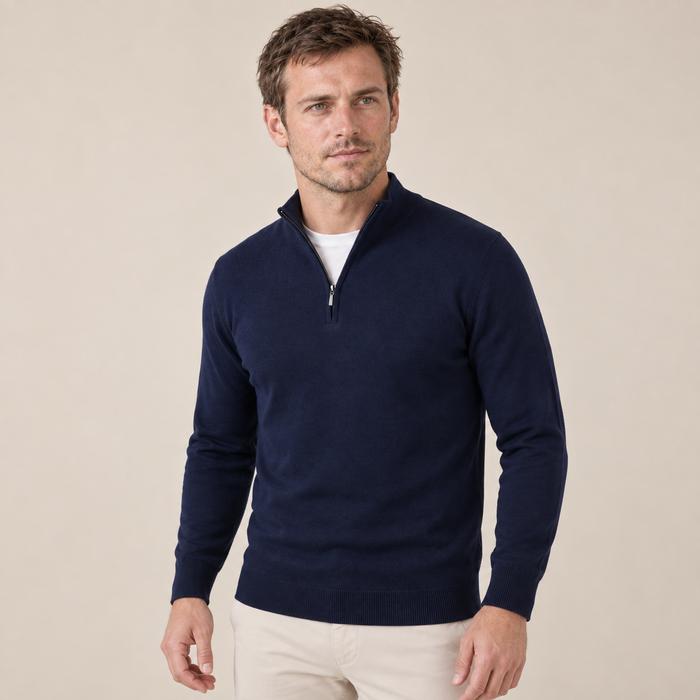 Granatowy sweter męski z krótkim zamkiem