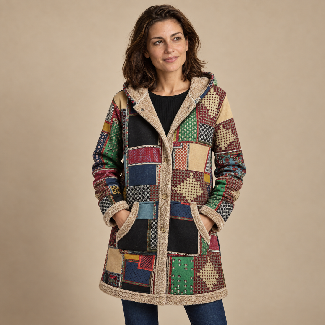 Płaszcz damski z kapturem na zamek w stylu patchwork