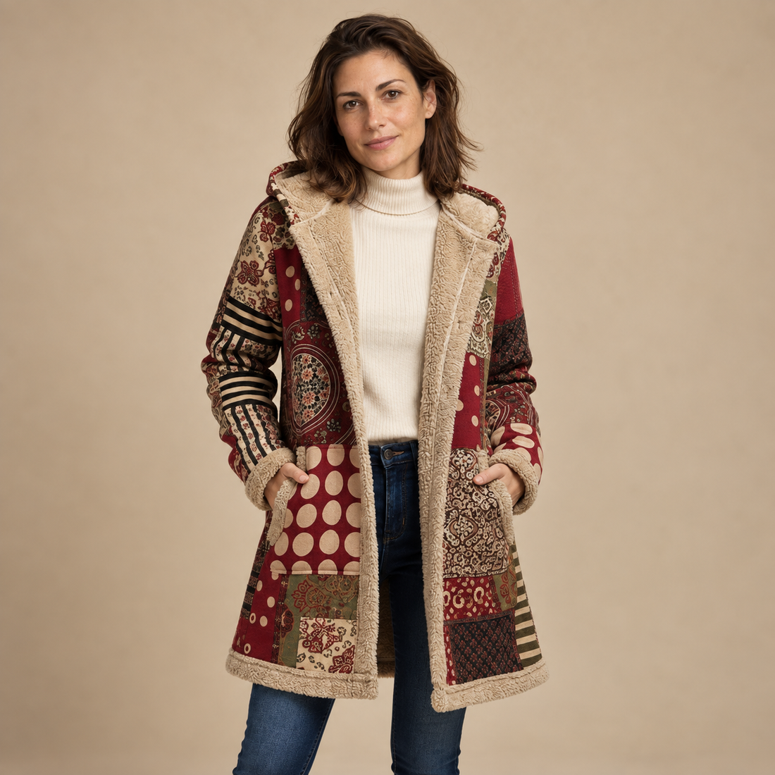 Płaszcz damski z kapturem na zamek w stylu patchwork