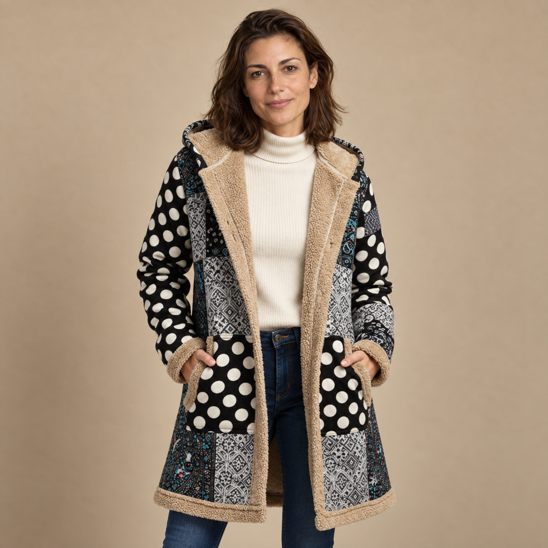 Płaszcz damski z kapturem na zamek w stylu patchwork