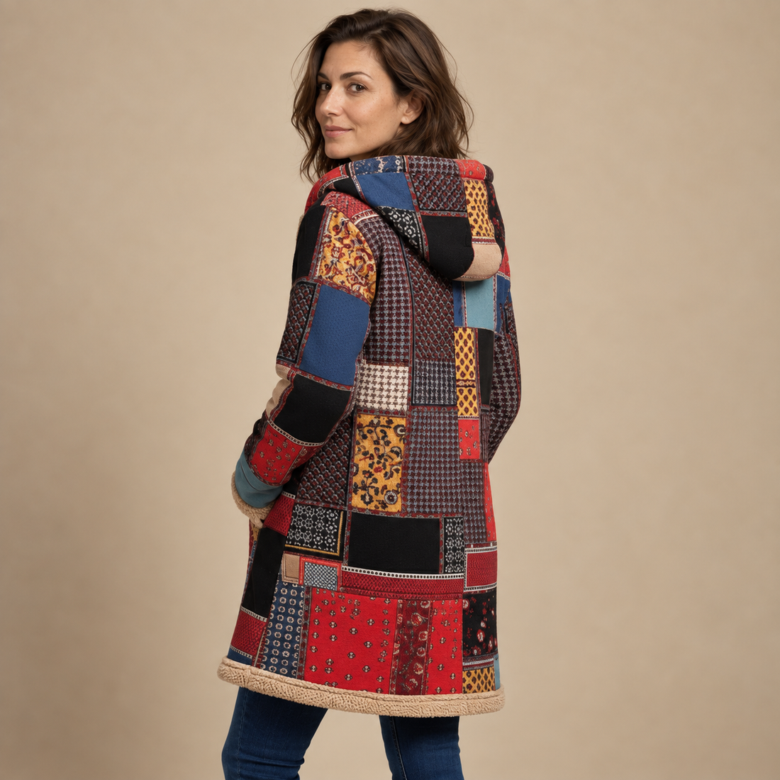 Płaszcz damski z kapturem na zamek w stylu patchwork