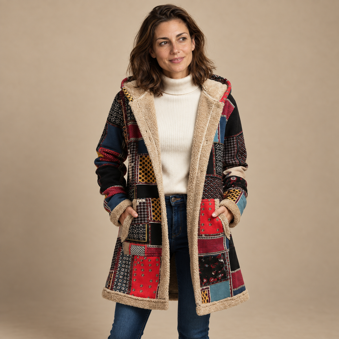Płaszcz damski z kapturem na zamek w stylu patchwork