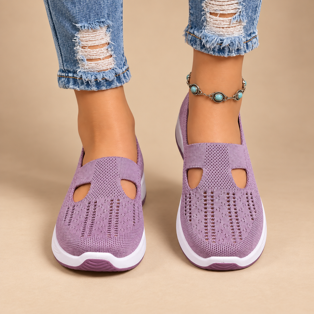 Buty damskie z dzianinową cholewką i anatomiczną wkładką na co dzień