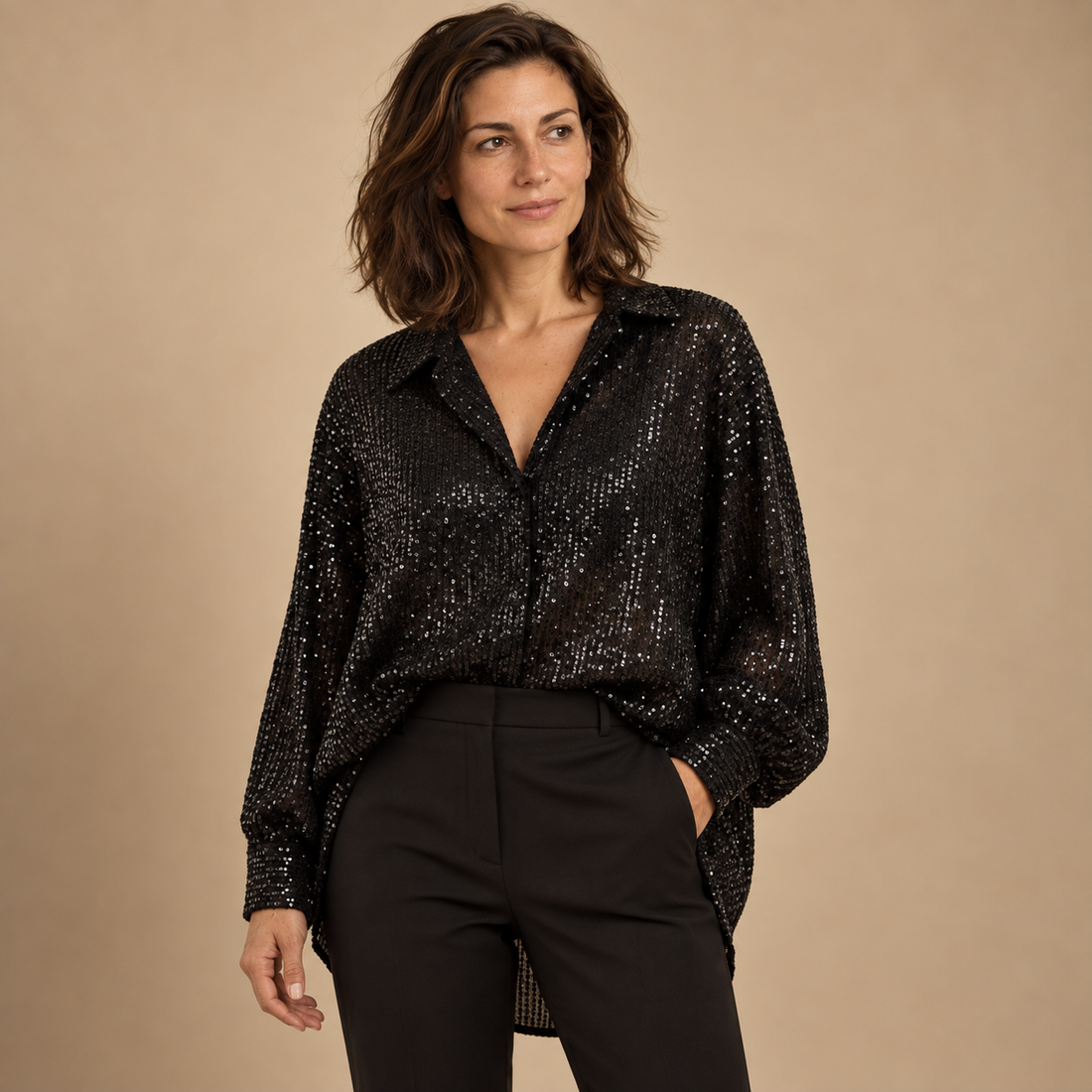 Bluzka damska oversize z długim rękawem i połyskującym wzorem